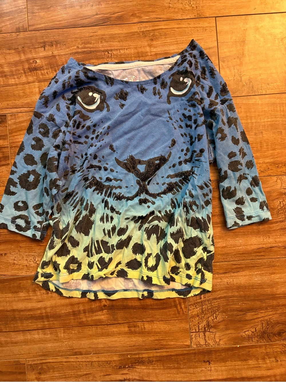 Justice Blue to Yellow Ombre Leopard Face Long Sleeve Shirt